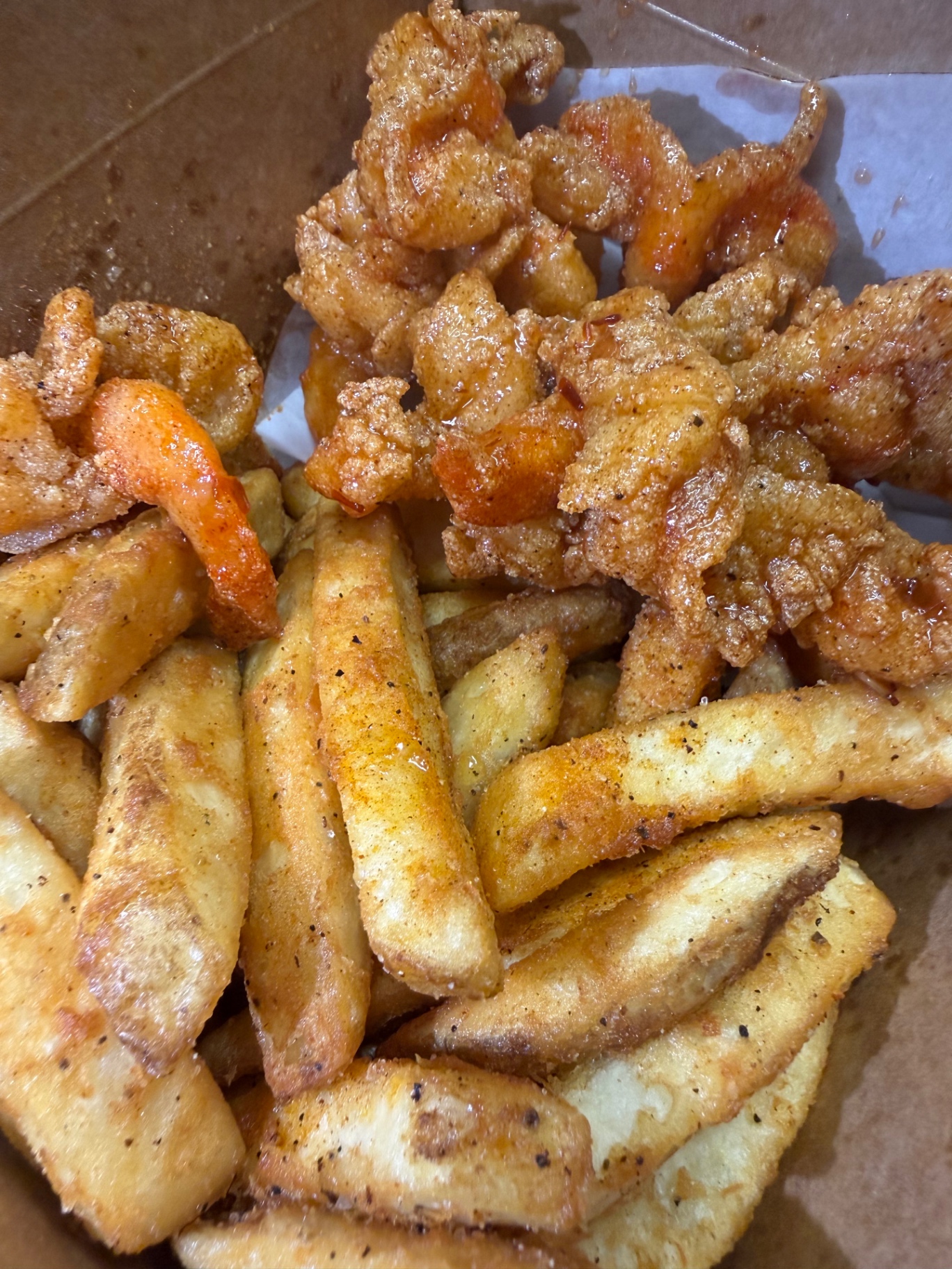 Fried shrimp with Magic Stix fries