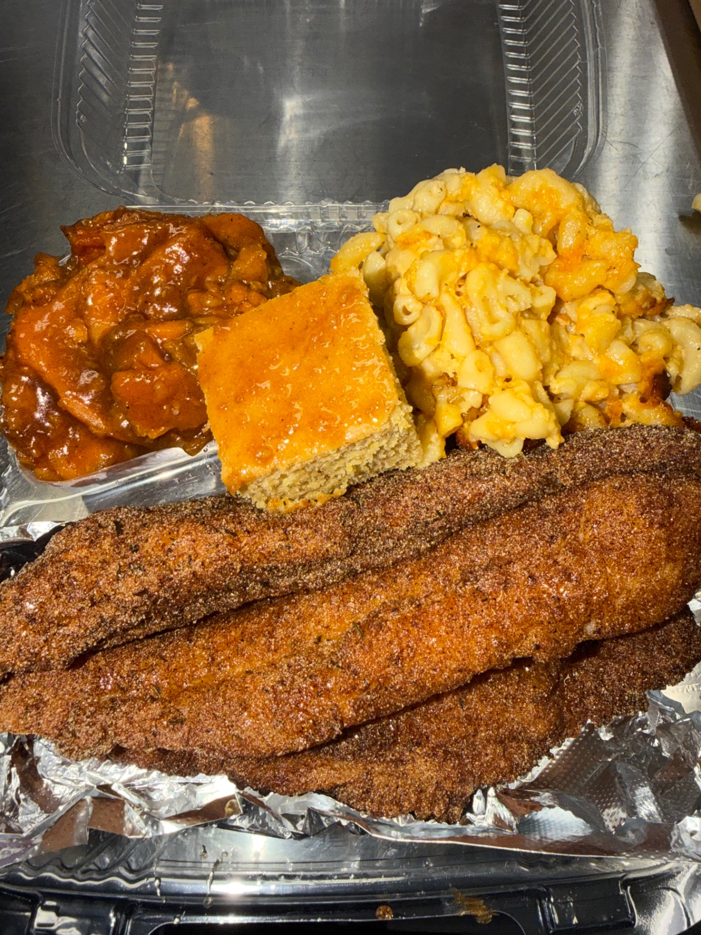 Fried whiting platter with mac and cheese and yams