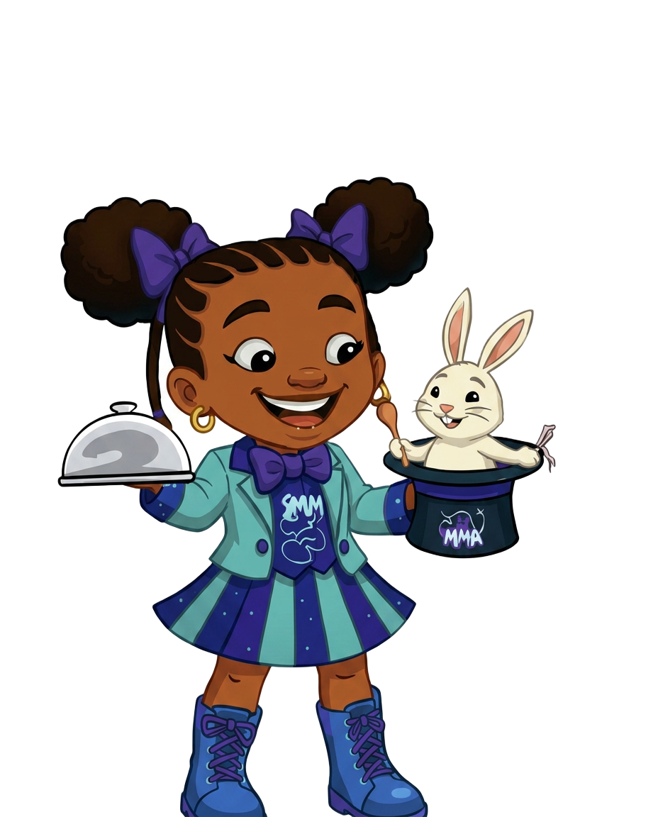 MoMo's Magic Kitchen mascot tipping her chef hat