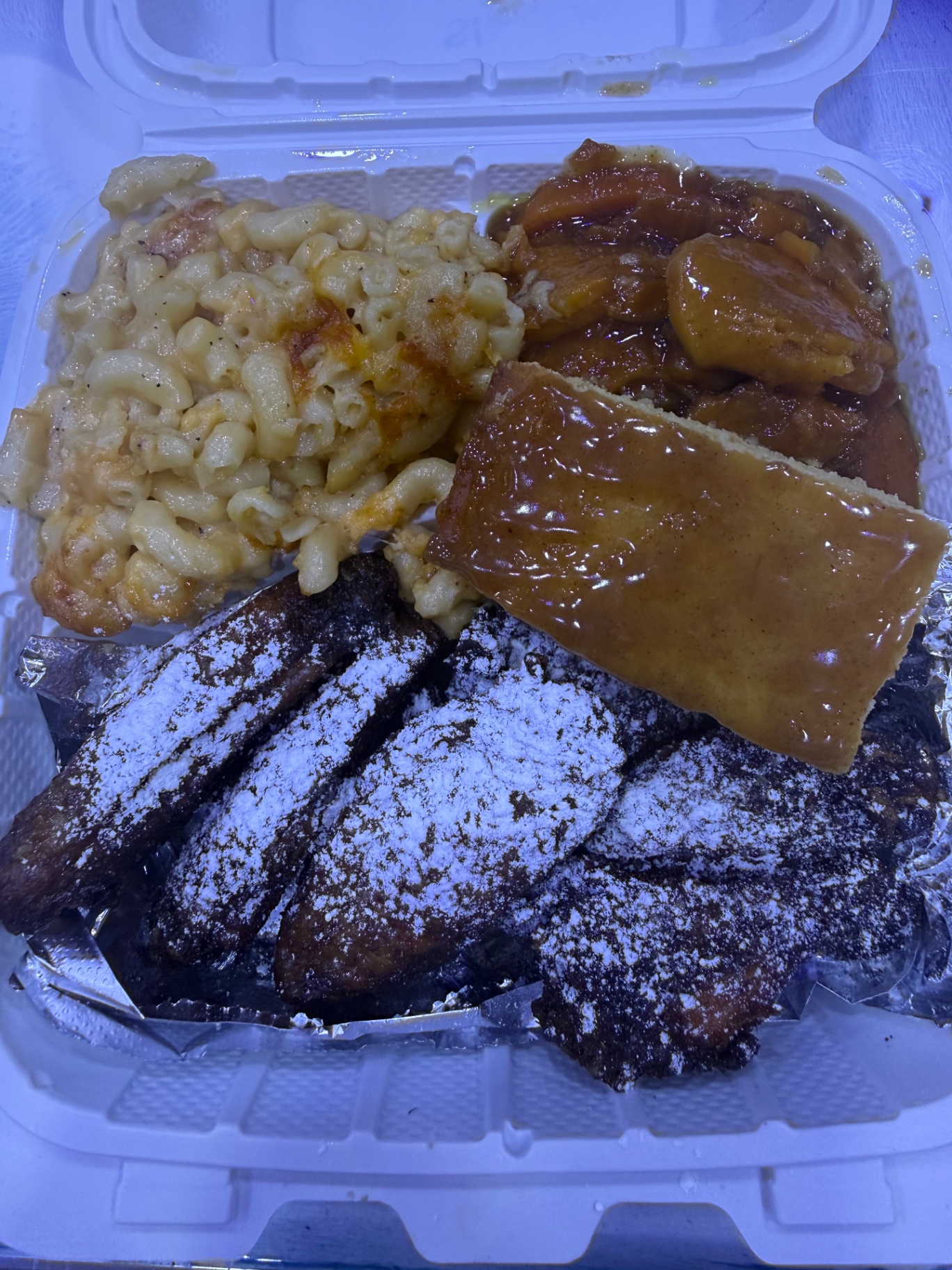 Baked mac and cheese with candied yams and cornbread